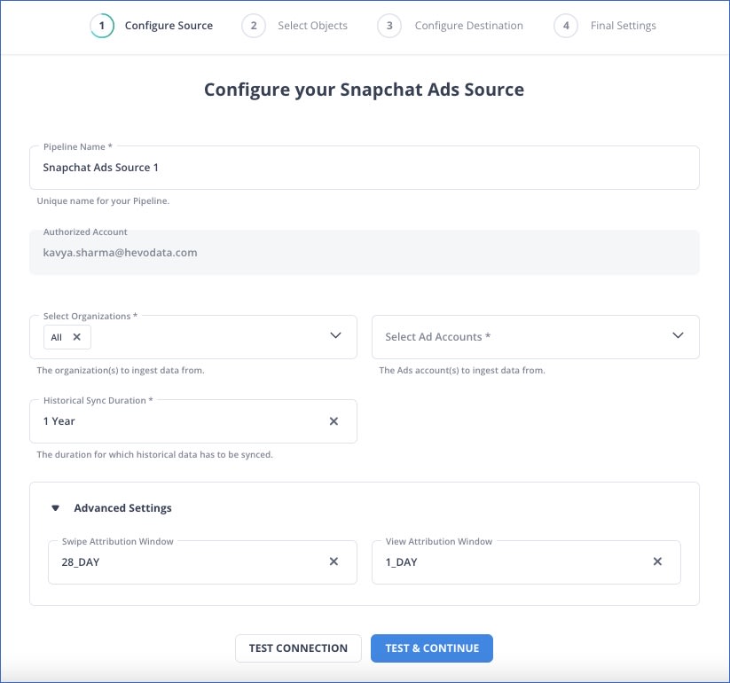 snapchat to bigquery: configure snapchat ads as source